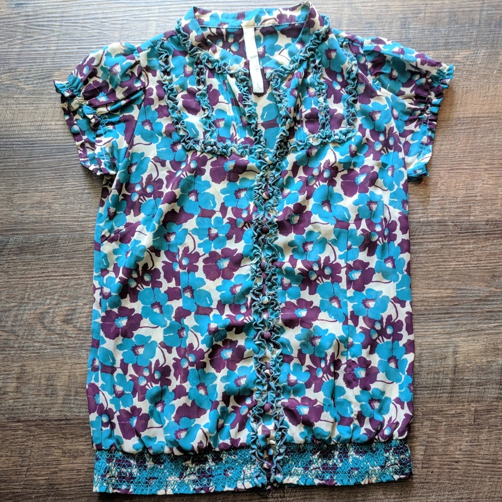 Fossil Blue/Purple Floral Ruffle Button Blouse S